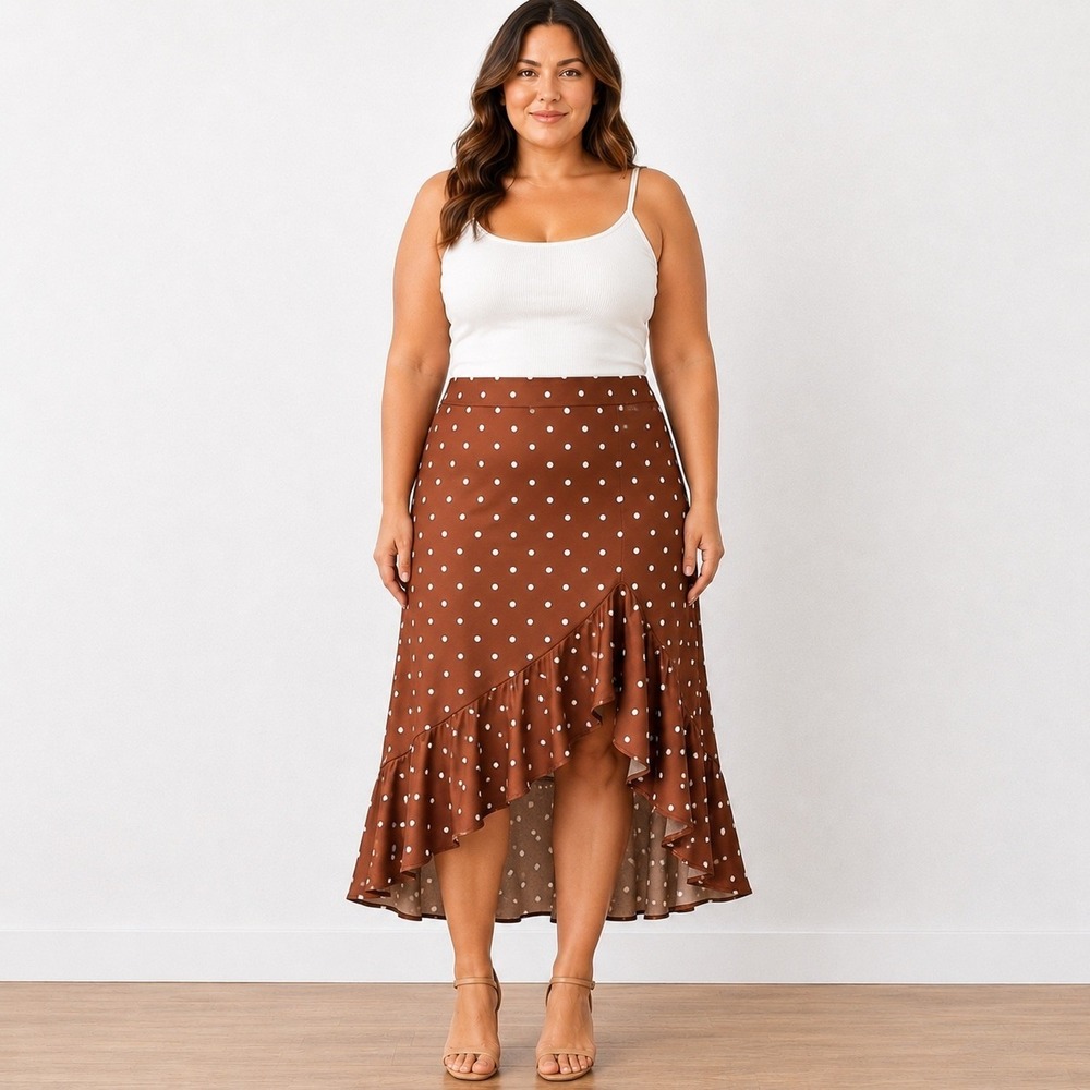 Torrid Midi Hi Low Polka Dot Ruffle Skirt sz 0 / L / 12 Stretch Satin Brown NWT